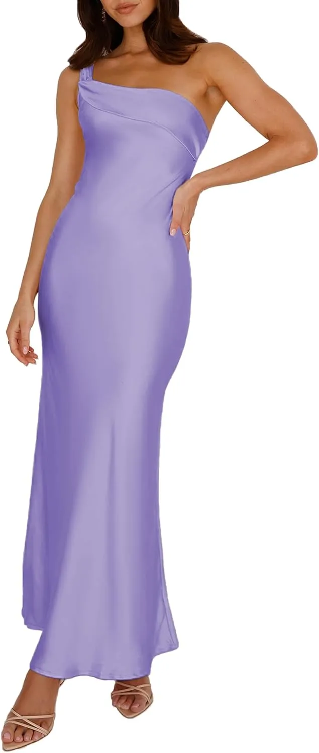 2025 Satin One Shoulder Maxi Dress for Women Summer Silk Formal Elegant Backless Ruffle Sleeveless Wedding Guest Dresses