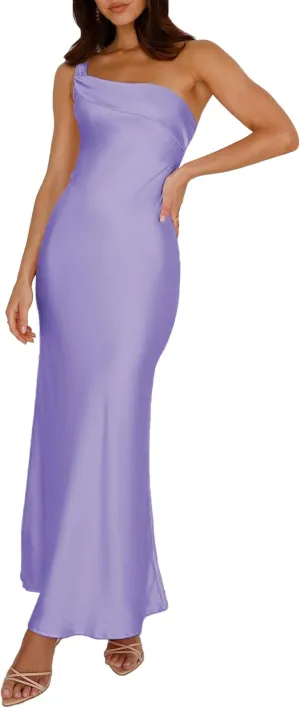 2025 Satin One Shoulder Maxi Dress for Women Summer Silk Formal Elegant Backless Ruffle Sleeveless Wedding Guest Dresses