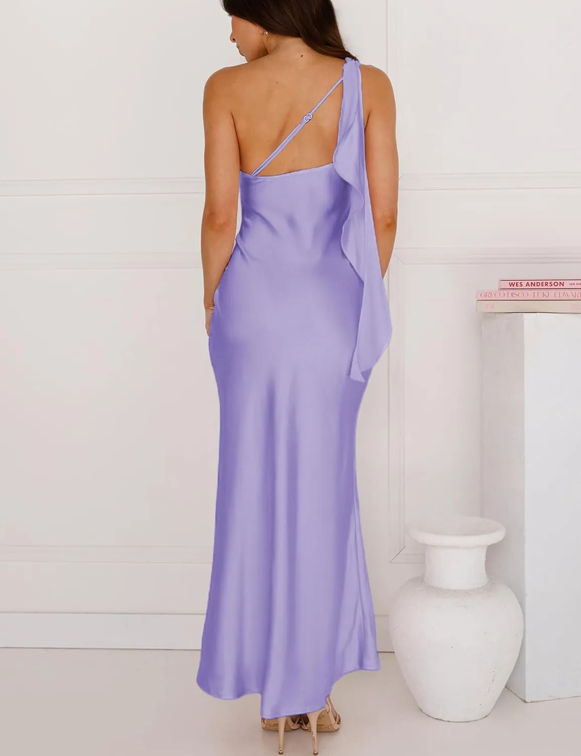 2025 Satin One Shoulder Maxi Dress for Women Summer Silk Formal Elegant Backless Ruffle Sleeveless Wedding Guest Dresses
