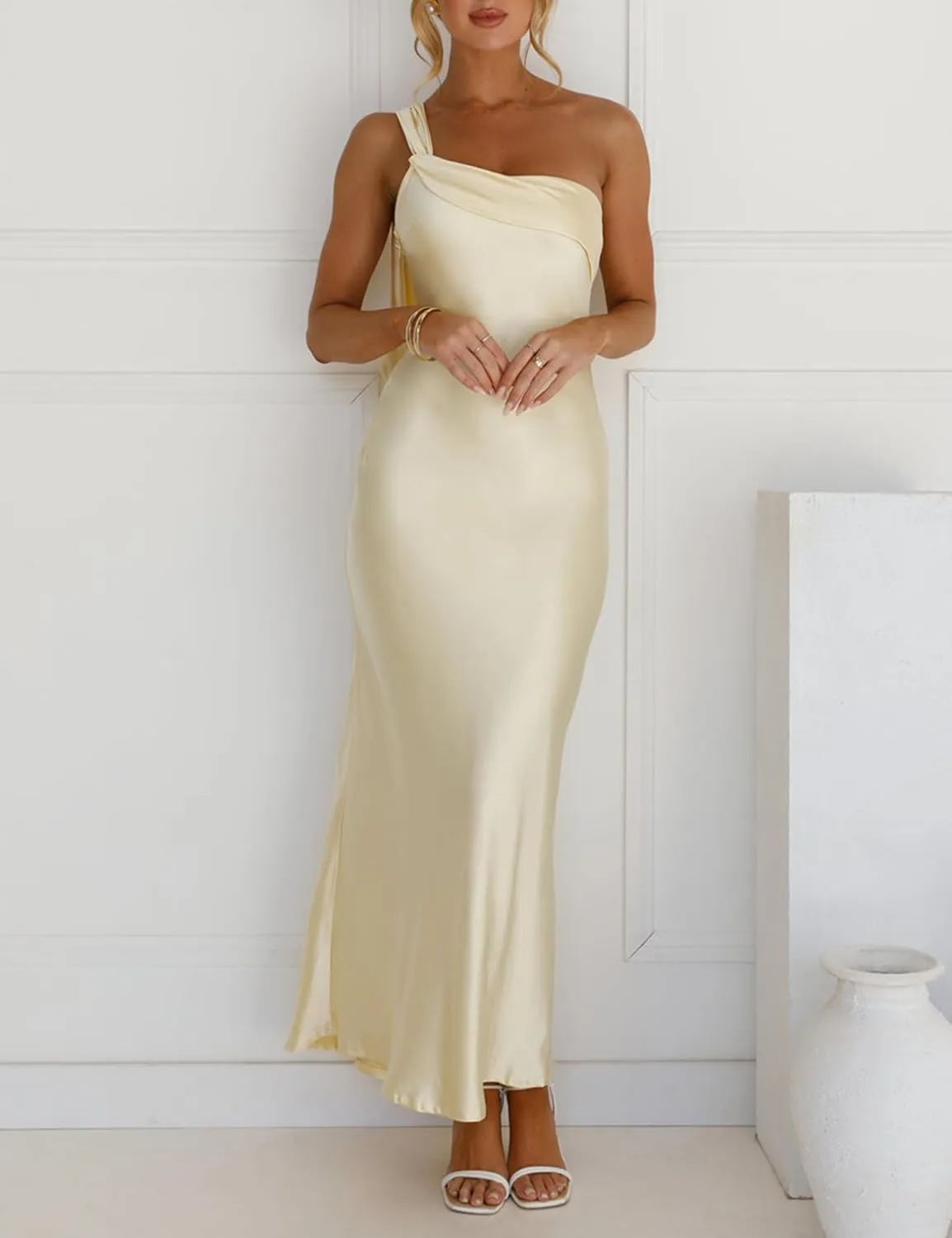 2025 Satin One Shoulder Maxi Dress for Women Summer Silk Formal Elegant Backless Ruffle Sleeveless Wedding Guest Dresses