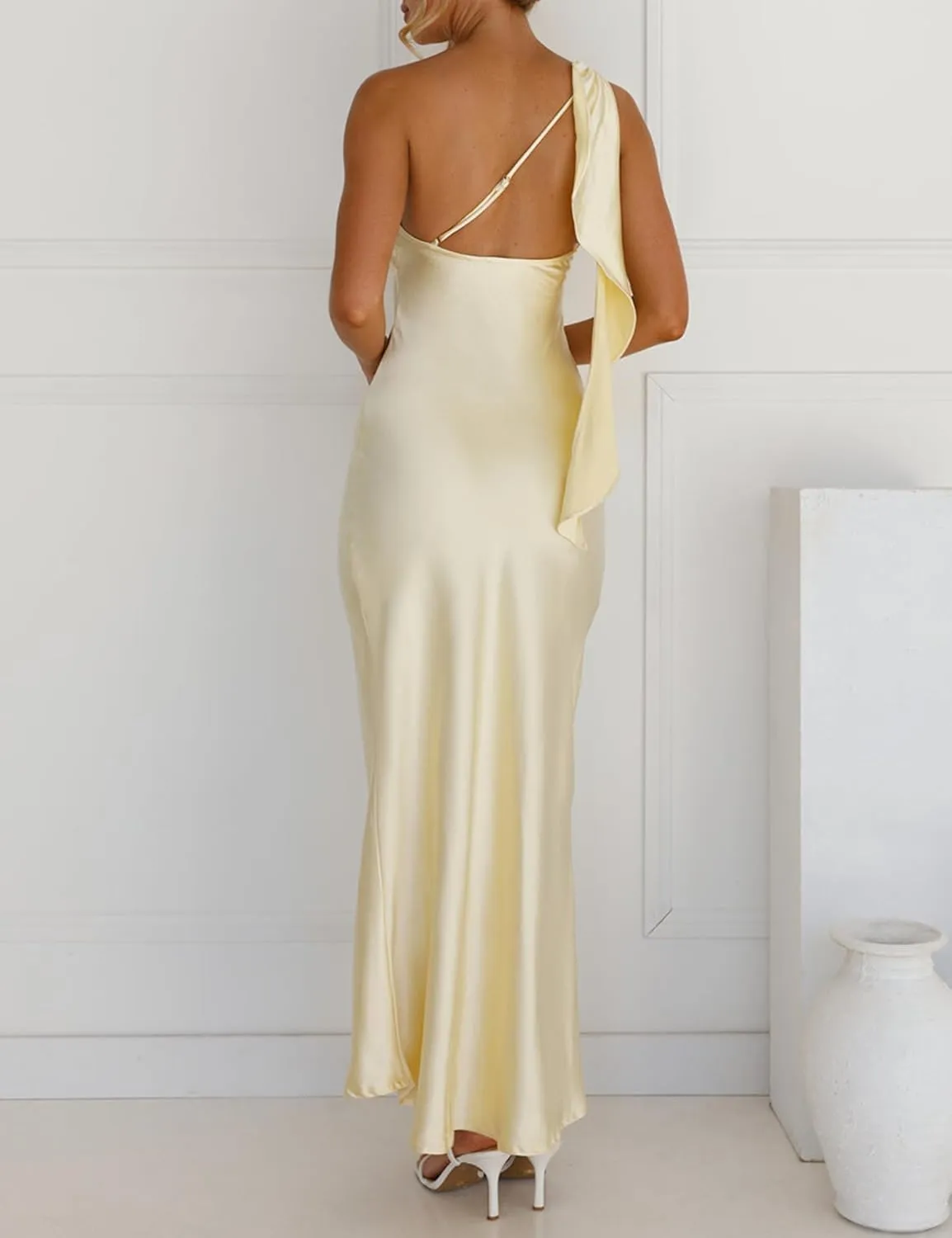 2025 Satin One Shoulder Maxi Dress for Women Summer Silk Formal Elegant Backless Ruffle Sleeveless Wedding Guest Dresses