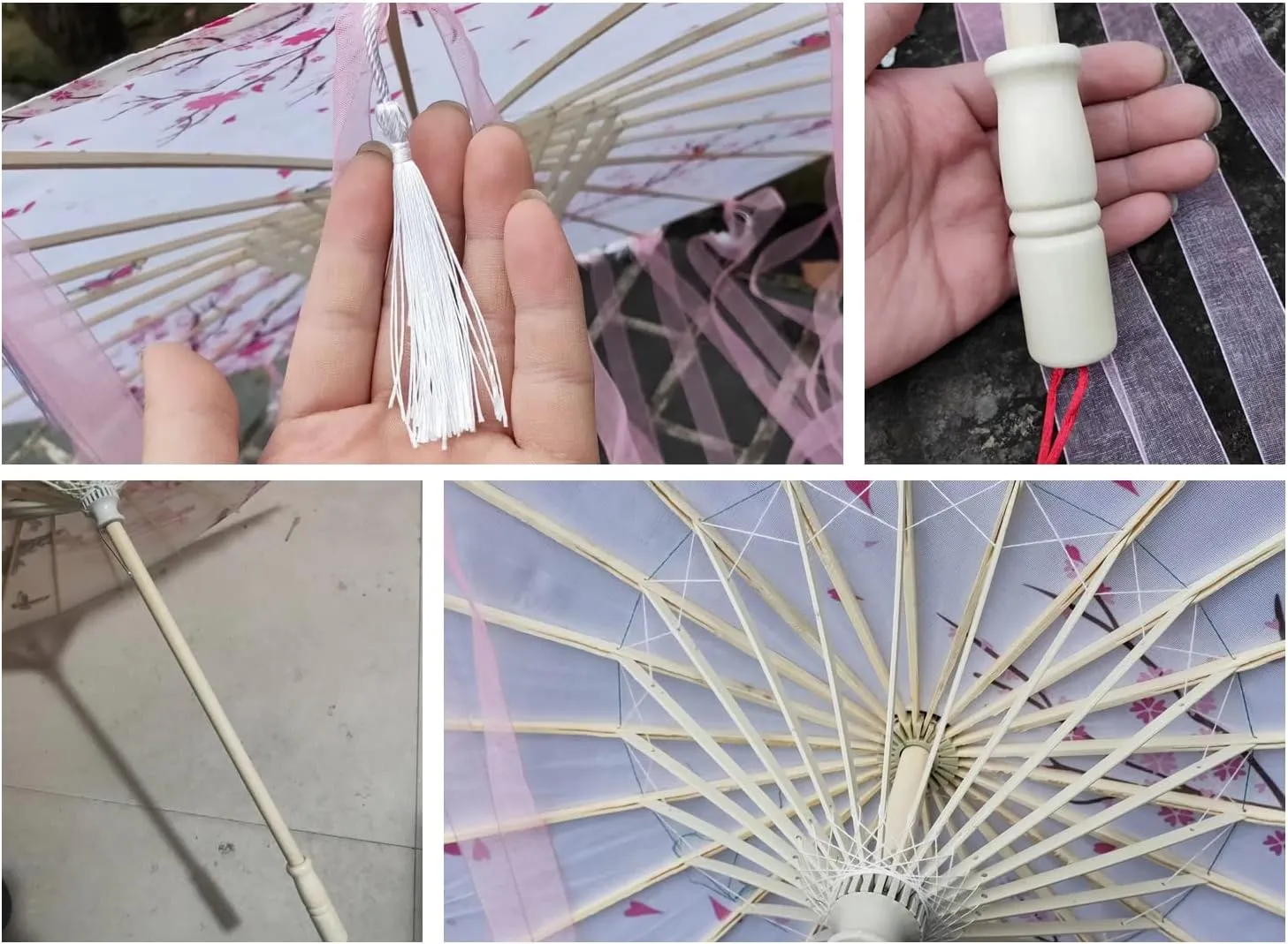 33" Handmade Oiled Parasol Bamboo Silk Umbrella Chinese Japanese Art, White Tassel
