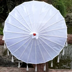 33" Handmade Oiled Parasol Bamboo Silk Umbrella Chinese Japanese Art, White Tassel