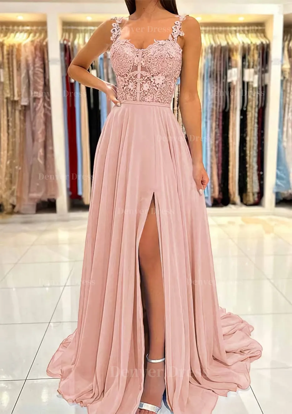 A-line Sweetheart Sleeveless Sweep Train Chiffon Prom Dress With Appliqued Split