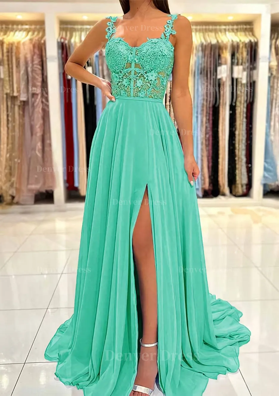 A-line Sweetheart Sleeveless Sweep Train Chiffon Prom Dress With Appliqued Split