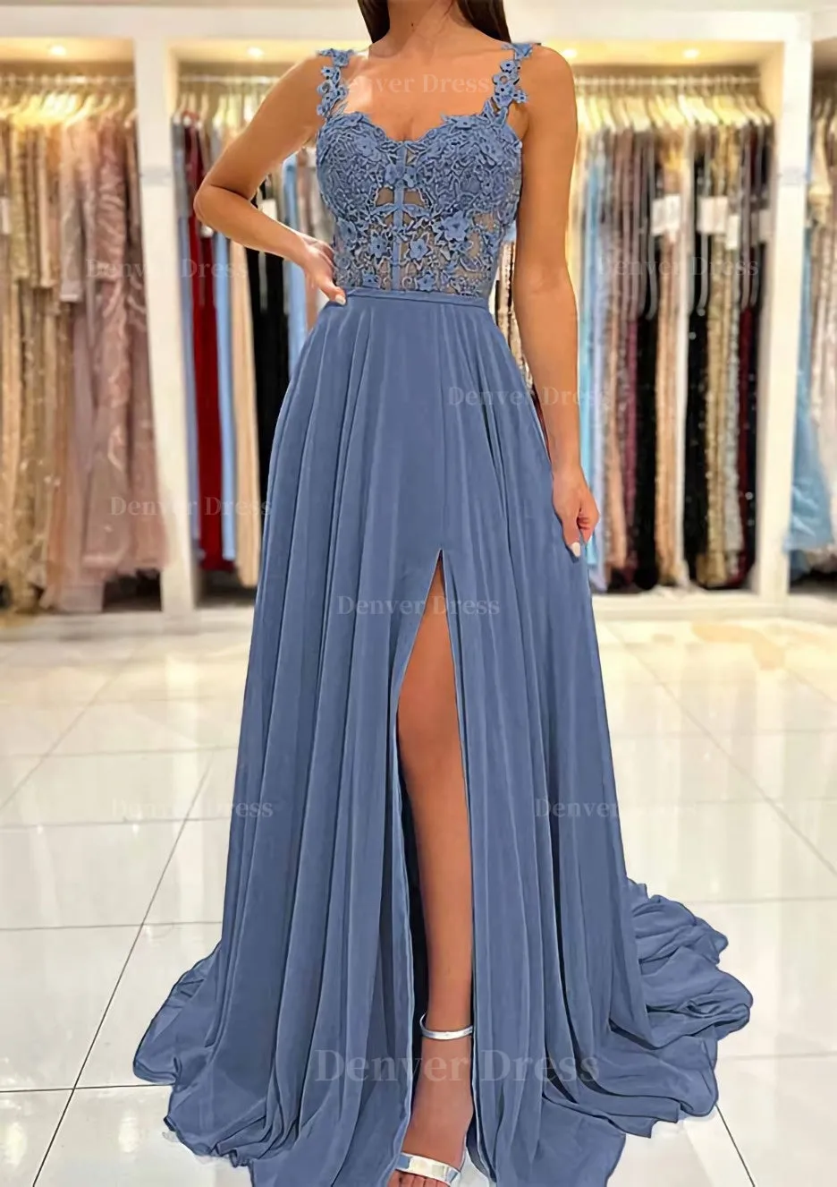 A-line Sweetheart Sleeveless Sweep Train Chiffon Prom Dress With Appliqued Split