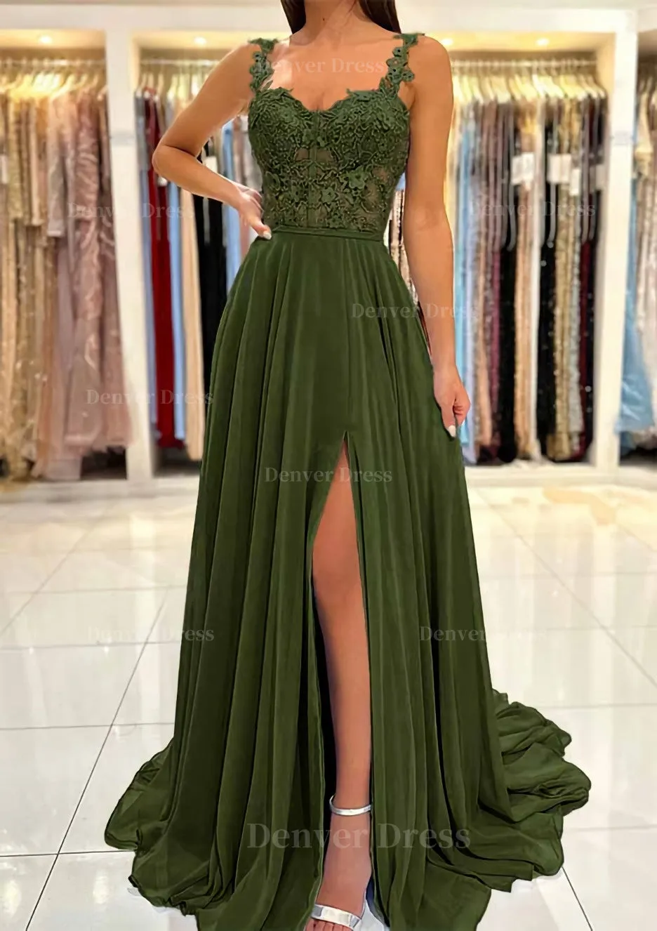 A-line Sweetheart Sleeveless Sweep Train Chiffon Prom Dress With Appliqued Split
