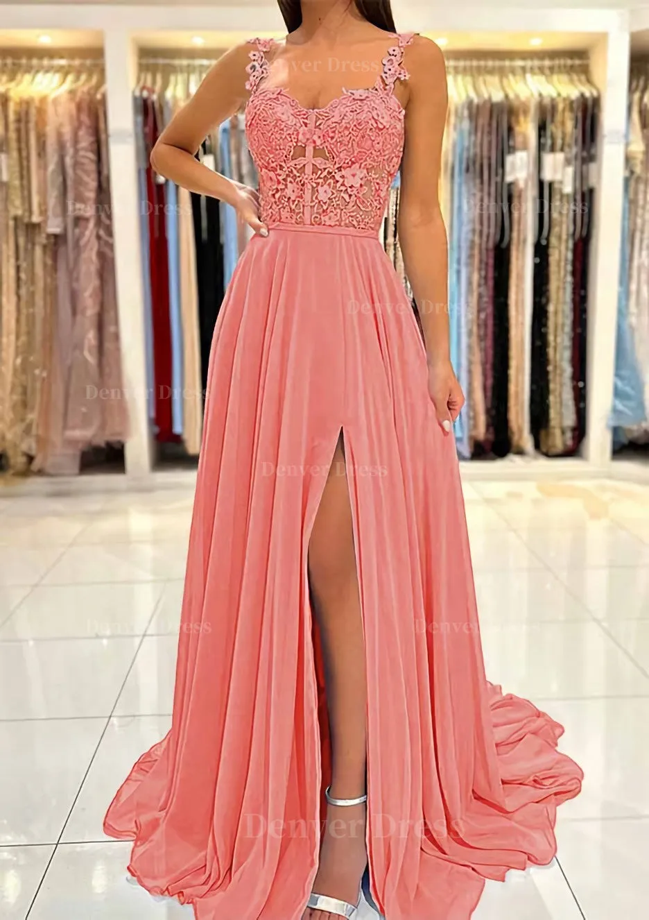 A-line Sweetheart Sleeveless Sweep Train Chiffon Prom Dress With Appliqued Split