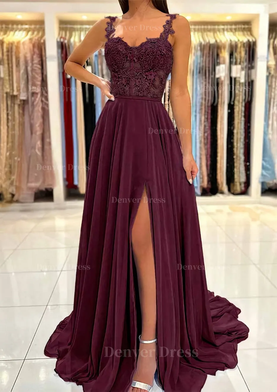 A-line Sweetheart Sleeveless Sweep Train Chiffon Prom Dress With Appliqued Split
