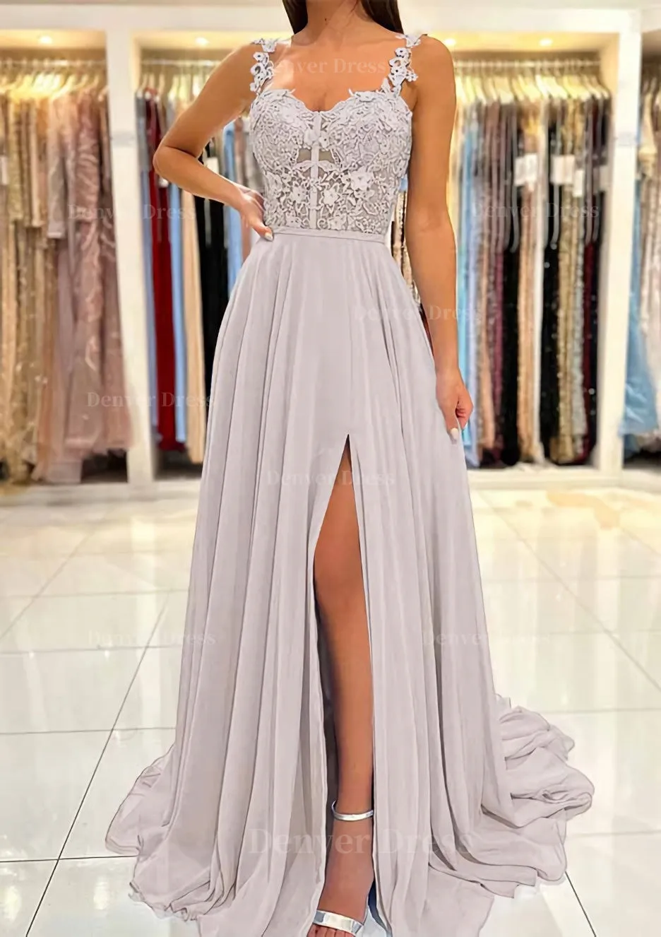 A-line Sweetheart Sleeveless Sweep Train Chiffon Prom Dress With Appliqued Split