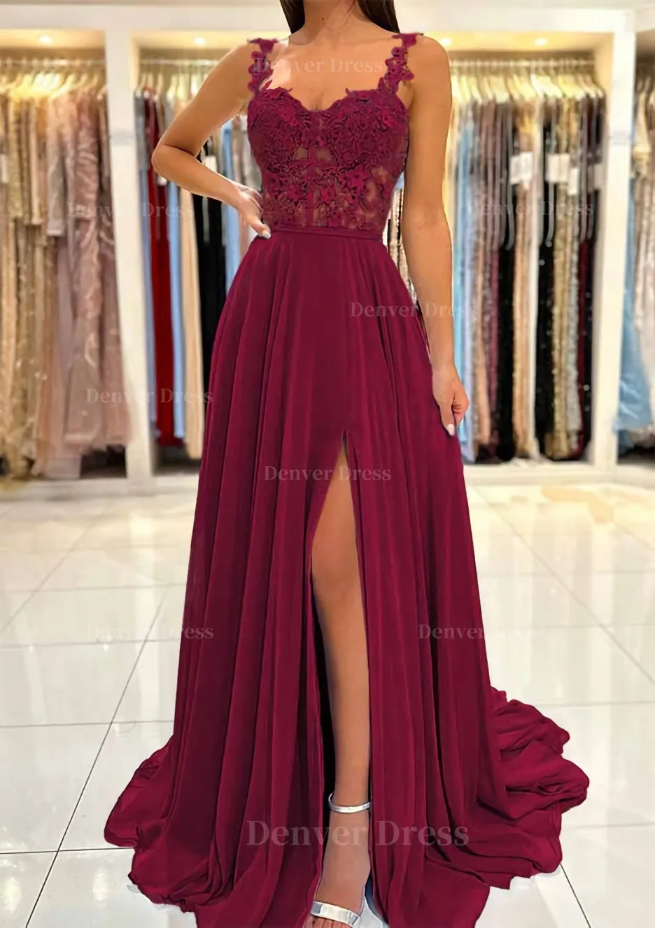 A-line Sweetheart Sleeveless Sweep Train Chiffon Prom Dress With Appliqued Split