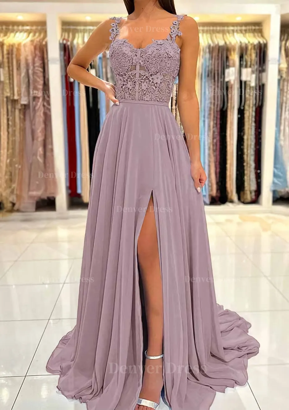 A-line Sweetheart Sleeveless Sweep Train Chiffon Prom Dress With Appliqued Split