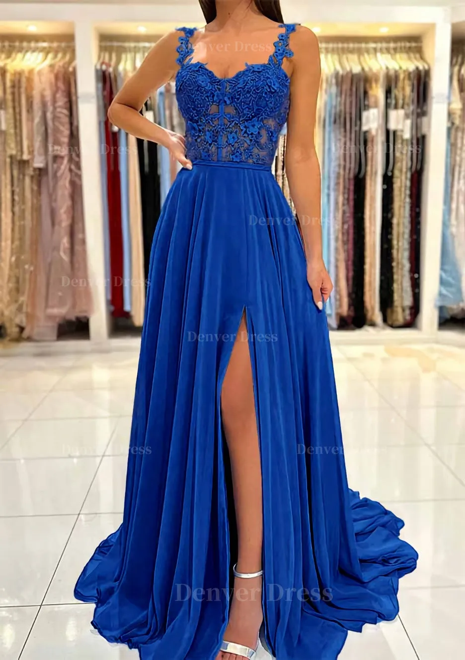 A-line Sweetheart Sleeveless Sweep Train Chiffon Prom Dress With Appliqued Split