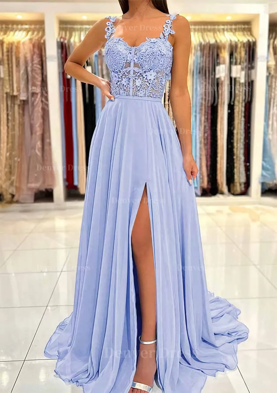 A-line Sweetheart Sleeveless Sweep Train Chiffon Prom Dress With Appliqued Split