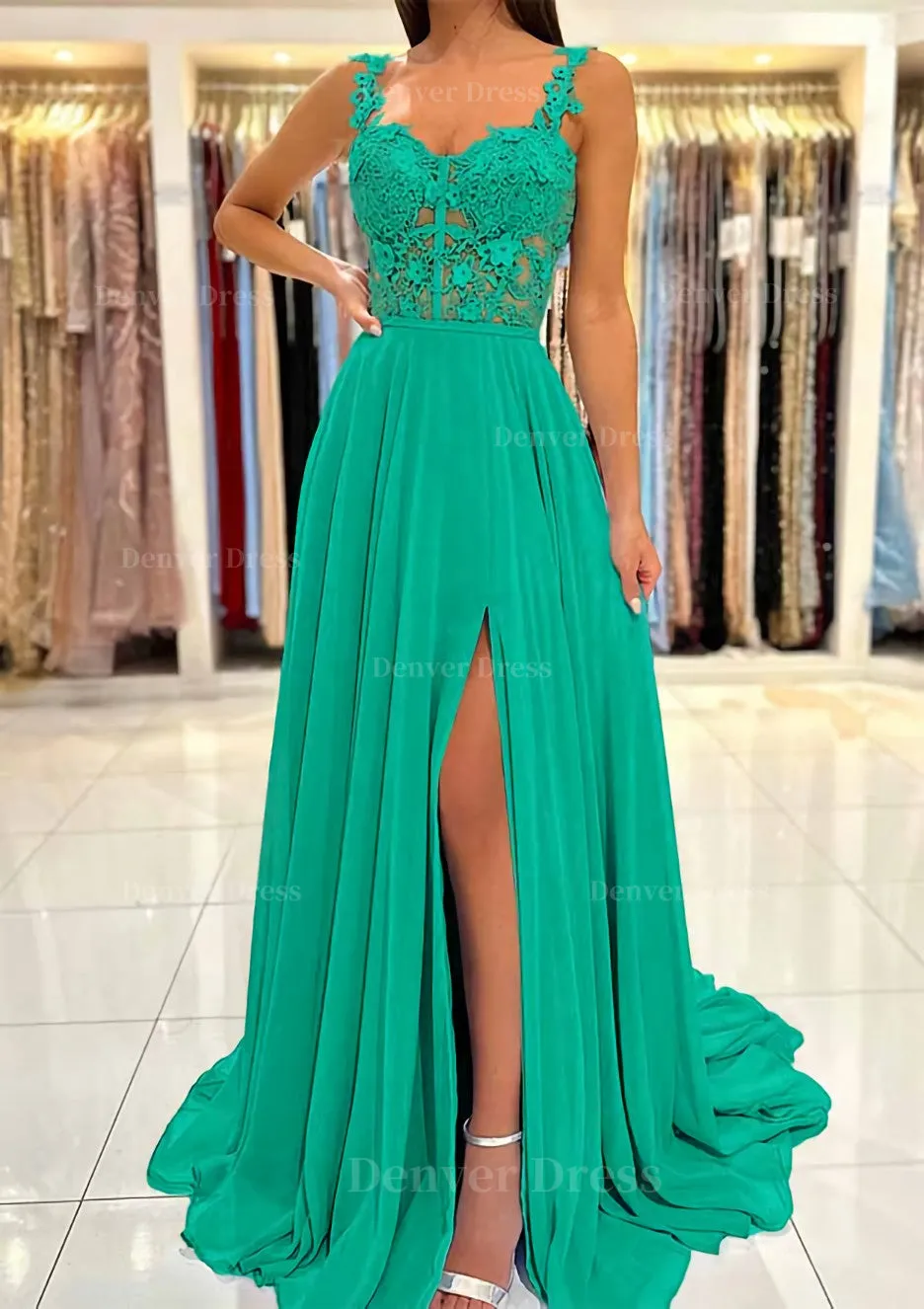 A-line Sweetheart Sleeveless Sweep Train Chiffon Prom Dress With Appliqued Split