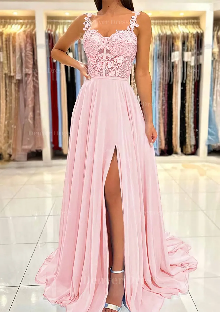 A-line Sweetheart Sleeveless Sweep Train Chiffon Prom Dress With Appliqued Split
