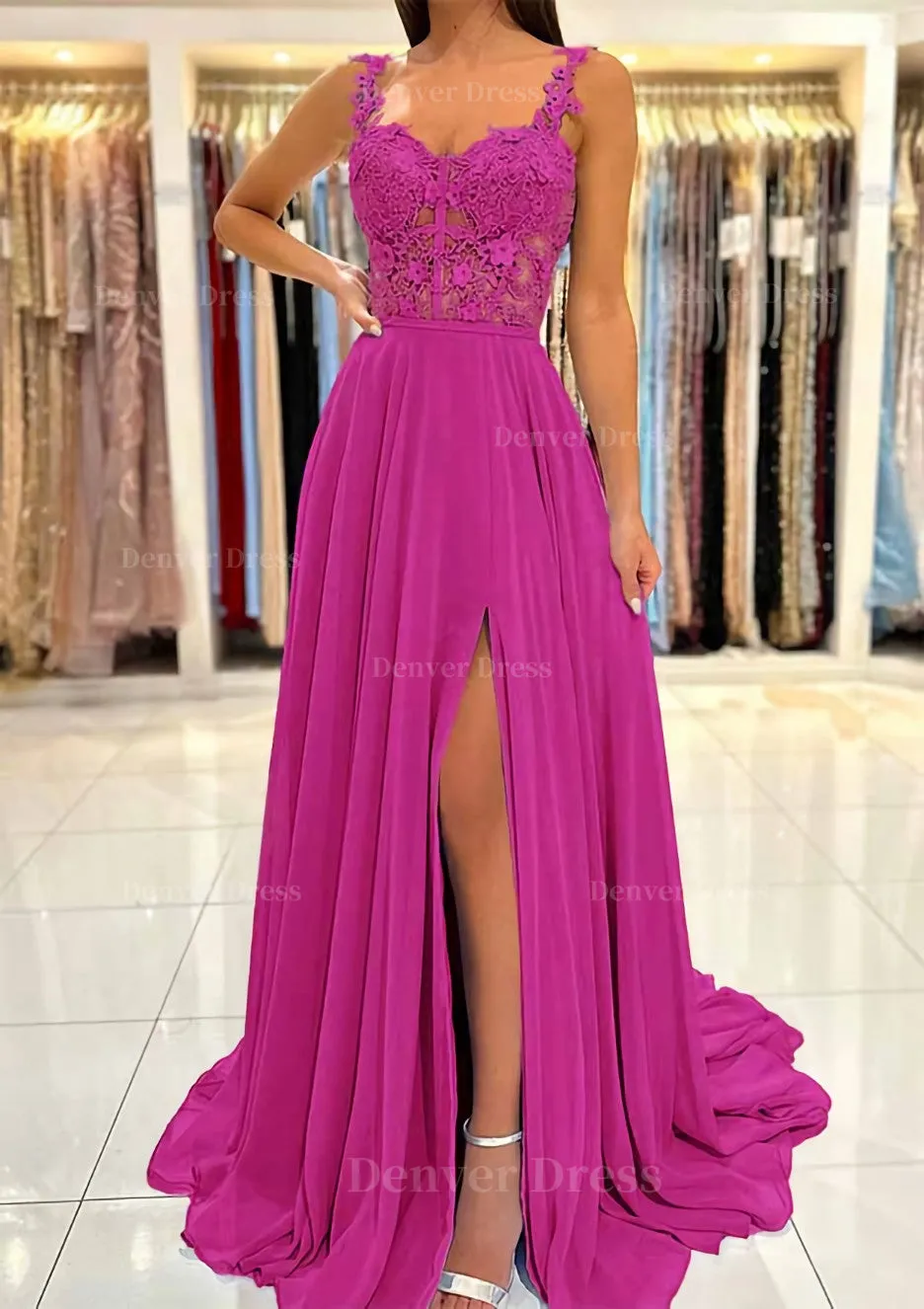 A-line Sweetheart Sleeveless Sweep Train Chiffon Prom Dress With Appliqued Split