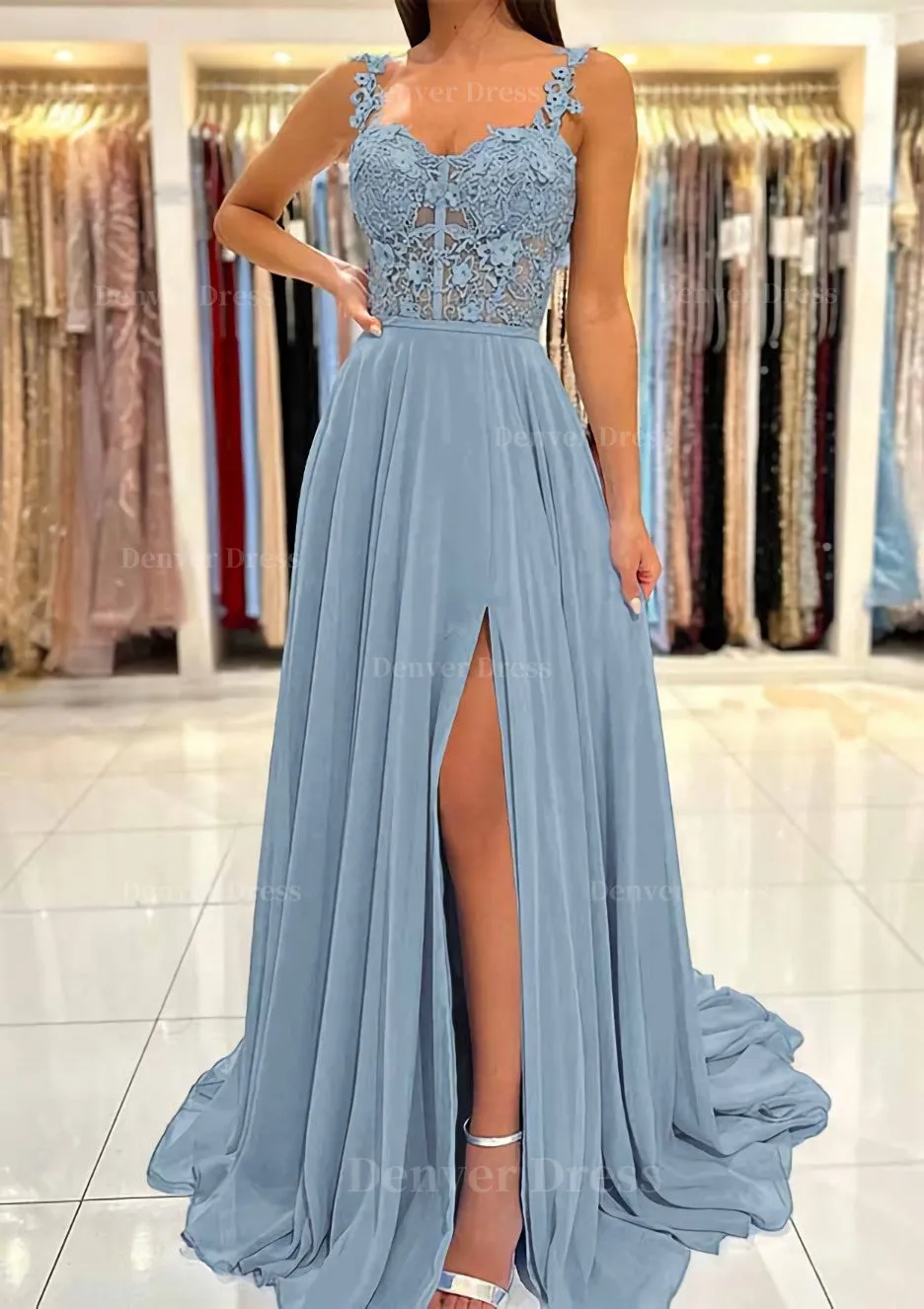 A-line Sweetheart Sleeveless Sweep Train Chiffon Prom Dress With Appliqued Split