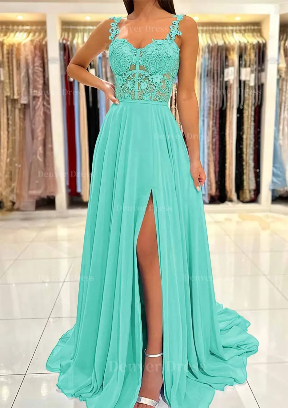 A-line Sweetheart Sleeveless Sweep Train Chiffon Prom Dress With Appliqued Split