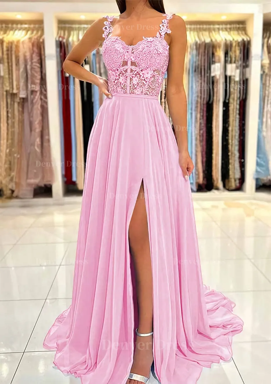 A-line Sweetheart Sleeveless Sweep Train Chiffon Prom Dress With Appliqued Split