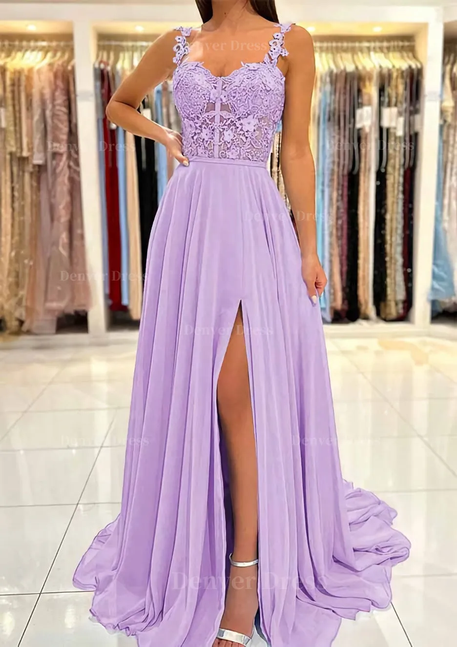A-line Sweetheart Sleeveless Sweep Train Chiffon Prom Dress With Appliqued Split