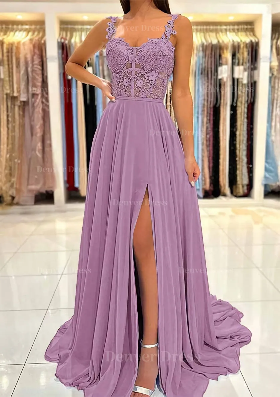 A-line Sweetheart Sleeveless Sweep Train Chiffon Prom Dress With Appliqued Split