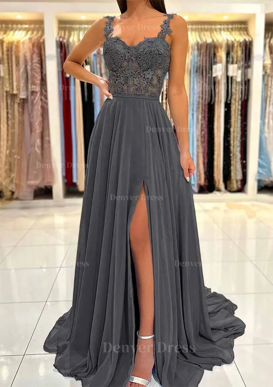 A-line Sweetheart Sleeveless Sweep Train Chiffon Prom Dress With Appliqued Split
