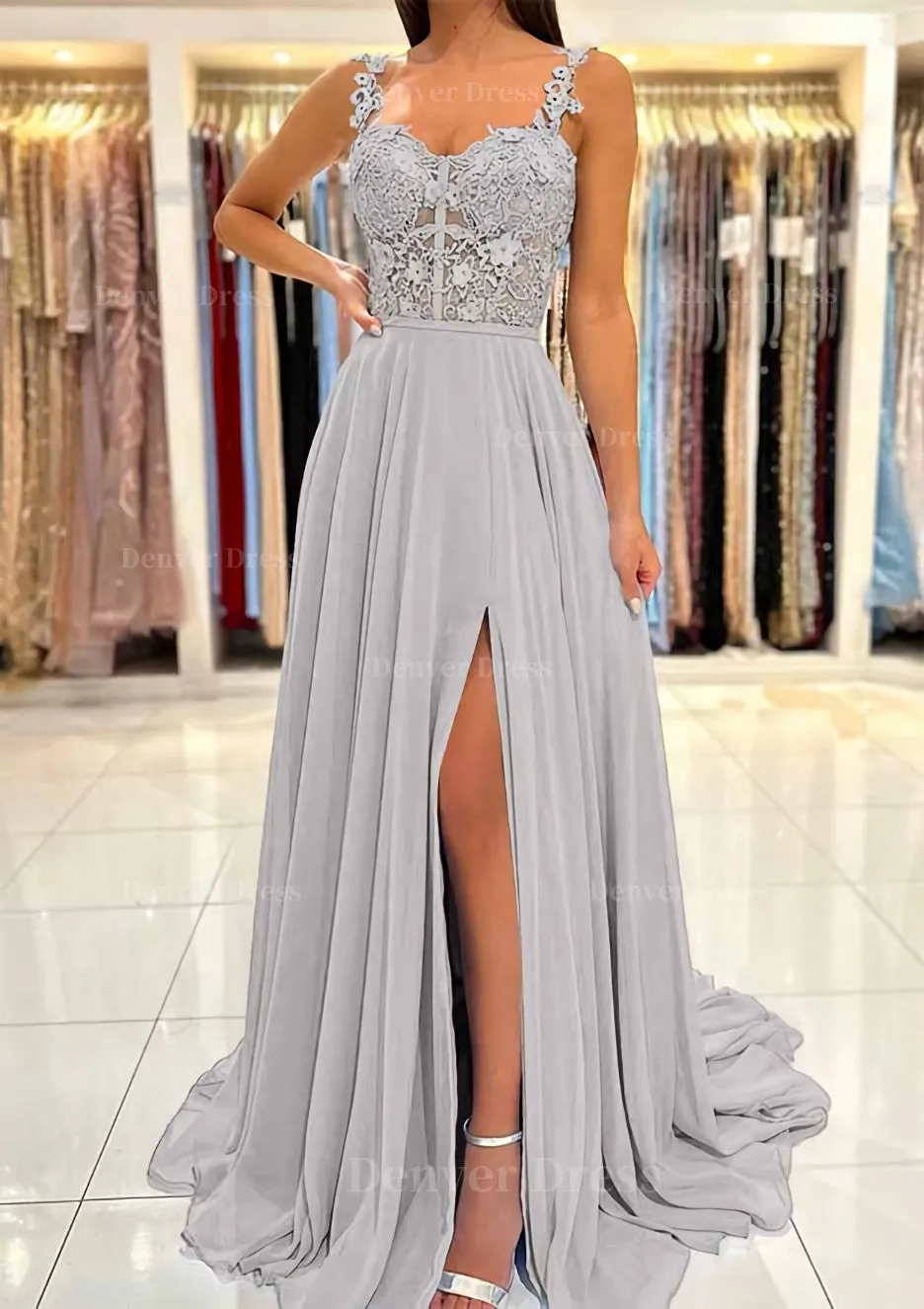 A-line Sweetheart Sleeveless Sweep Train Chiffon Prom Dress With Appliqued Split