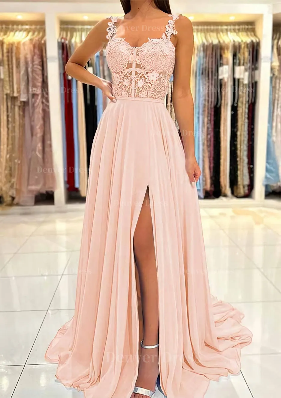 A-line Sweetheart Sleeveless Sweep Train Chiffon Prom Dress With Appliqued Split