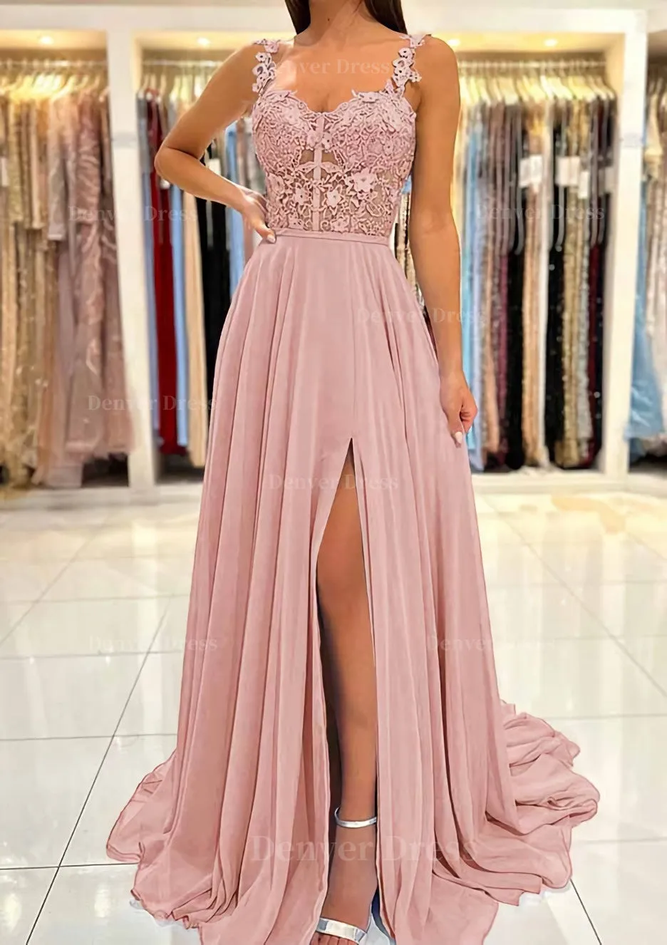 A-line Sweetheart Sleeveless Sweep Train Chiffon Prom Dress With Appliqued Split