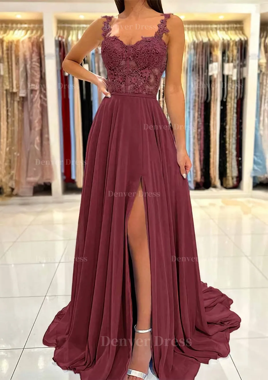 A-line Sweetheart Sleeveless Sweep Train Chiffon Prom Dress With Appliqued Split