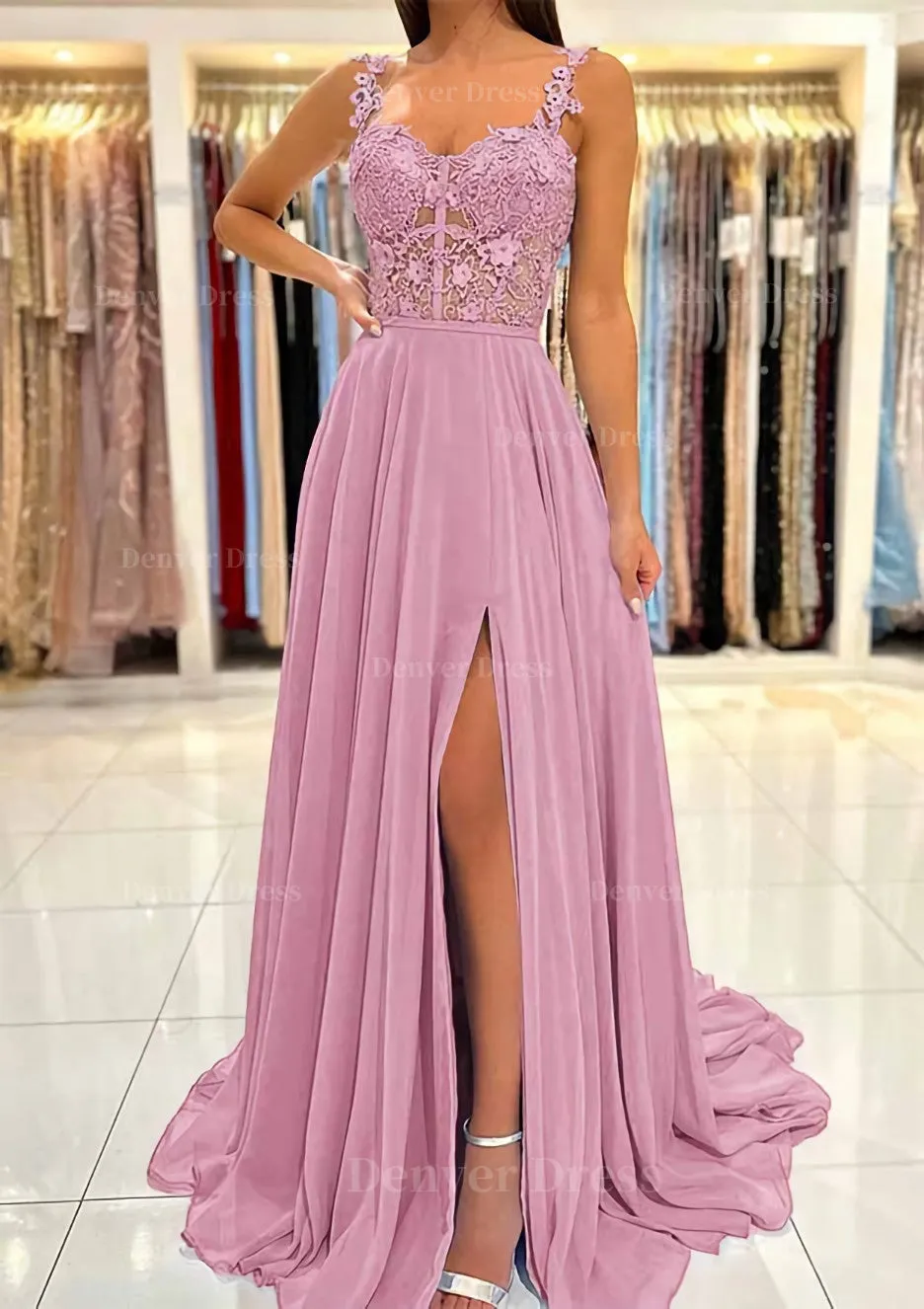 A-line Sweetheart Sleeveless Sweep Train Chiffon Prom Dress With Appliqued Split