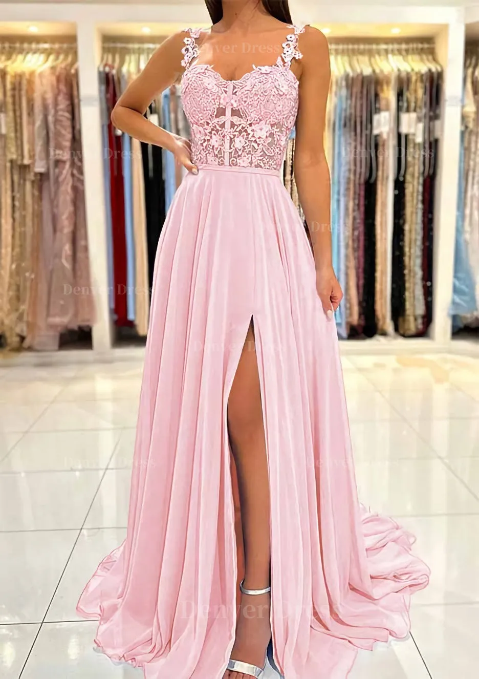 A-line Sweetheart Sleeveless Sweep Train Chiffon Prom Dress With Appliqued Split