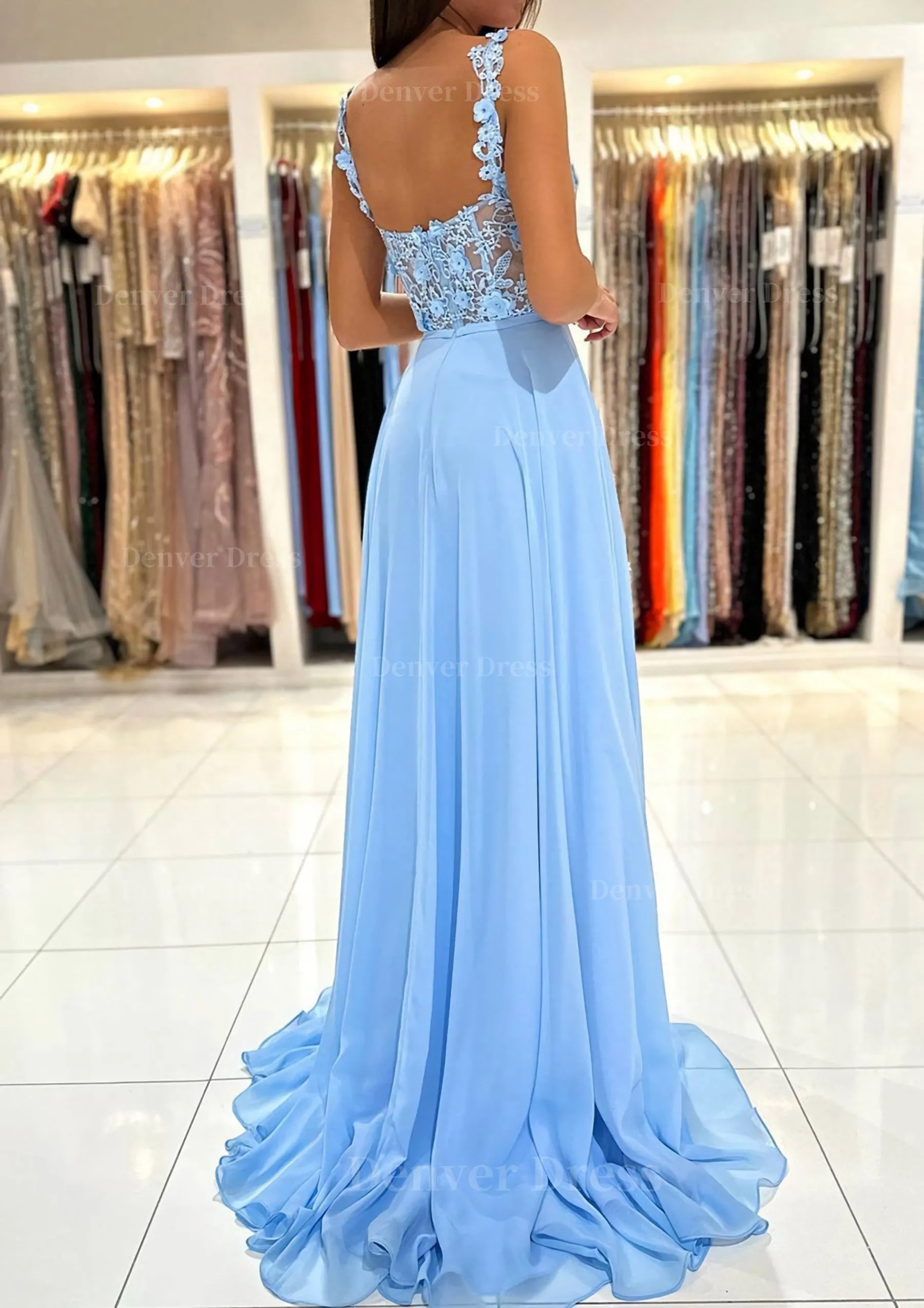 A-line Sweetheart Sleeveless Sweep Train Chiffon Prom Dress With Appliqued Split