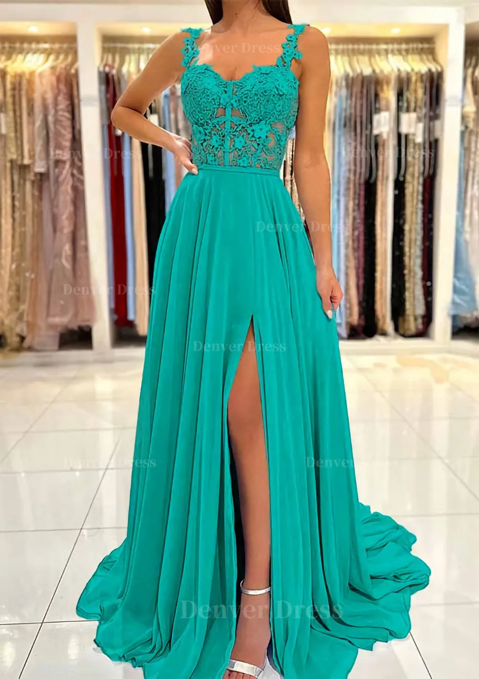 A-line Sweetheart Sleeveless Sweep Train Chiffon Prom Dress With Appliqued Split