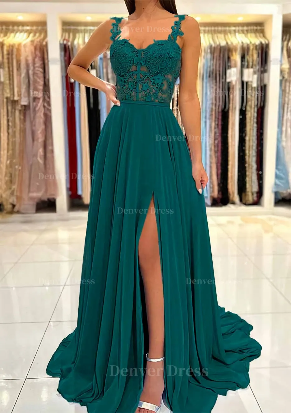 A-line Sweetheart Sleeveless Sweep Train Chiffon Prom Dress With Appliqued Split