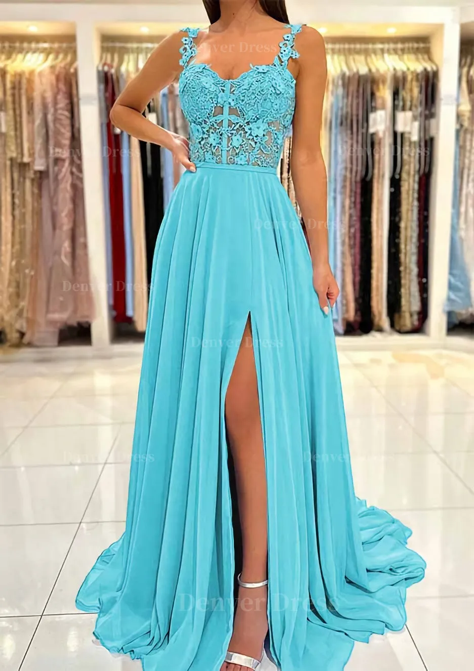 A-line Sweetheart Sleeveless Sweep Train Chiffon Prom Dress With Appliqued Split