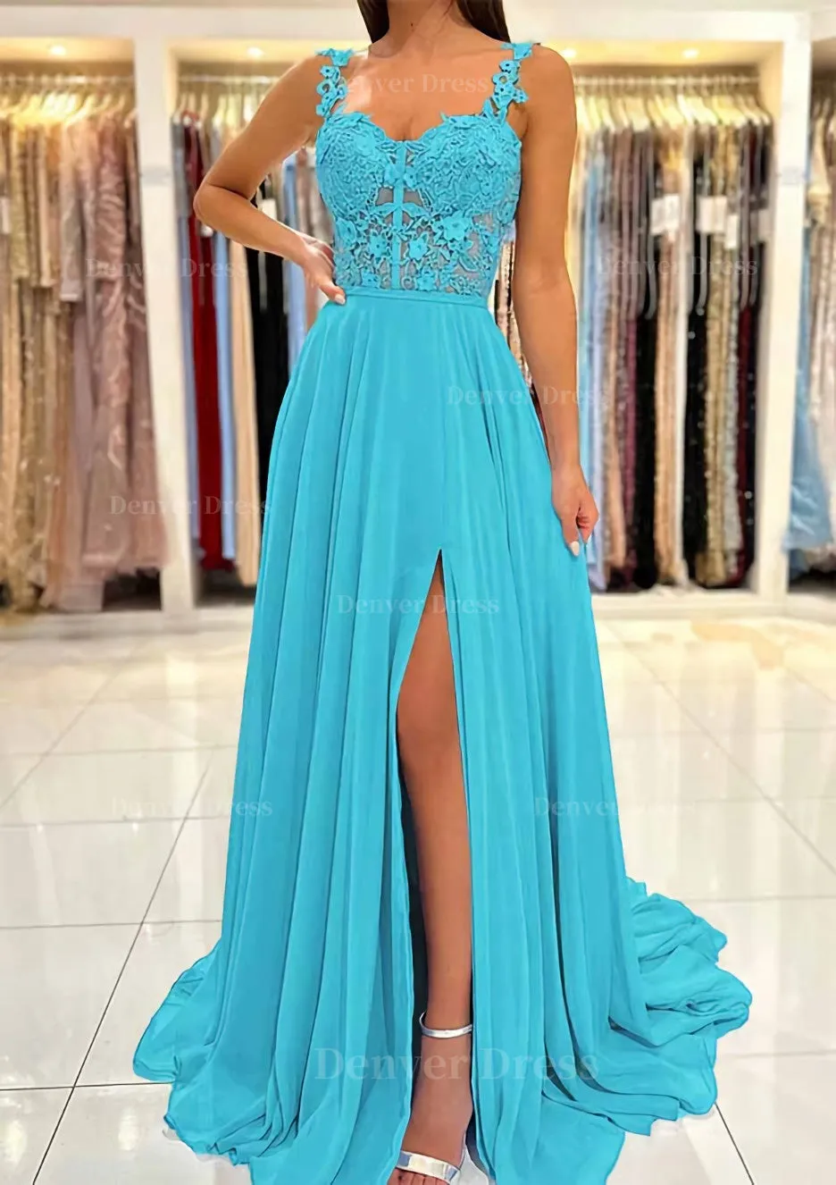 A-line Sweetheart Sleeveless Sweep Train Chiffon Prom Dress With Appliqued Split