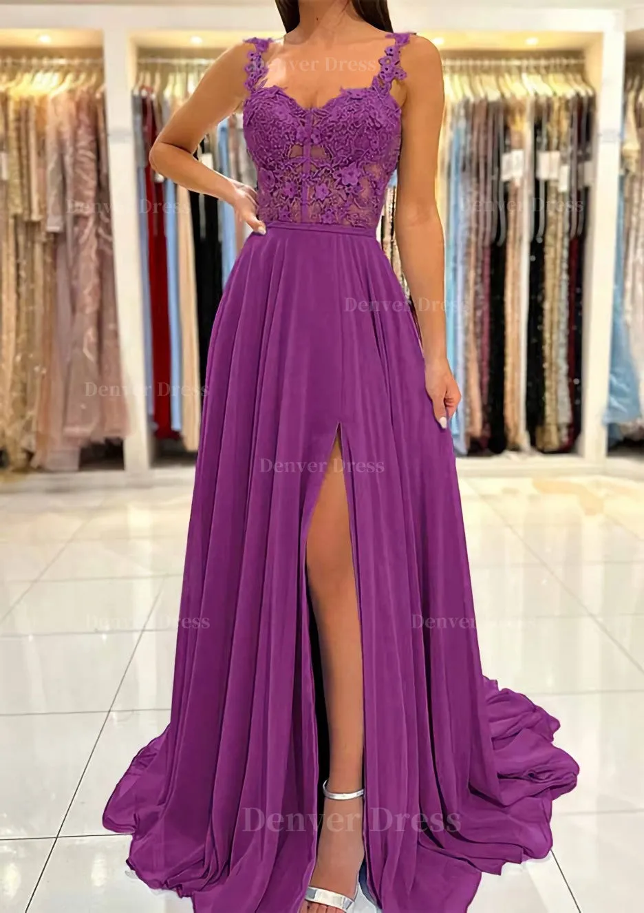 A-line Sweetheart Sleeveless Sweep Train Chiffon Prom Dress With Appliqued Split