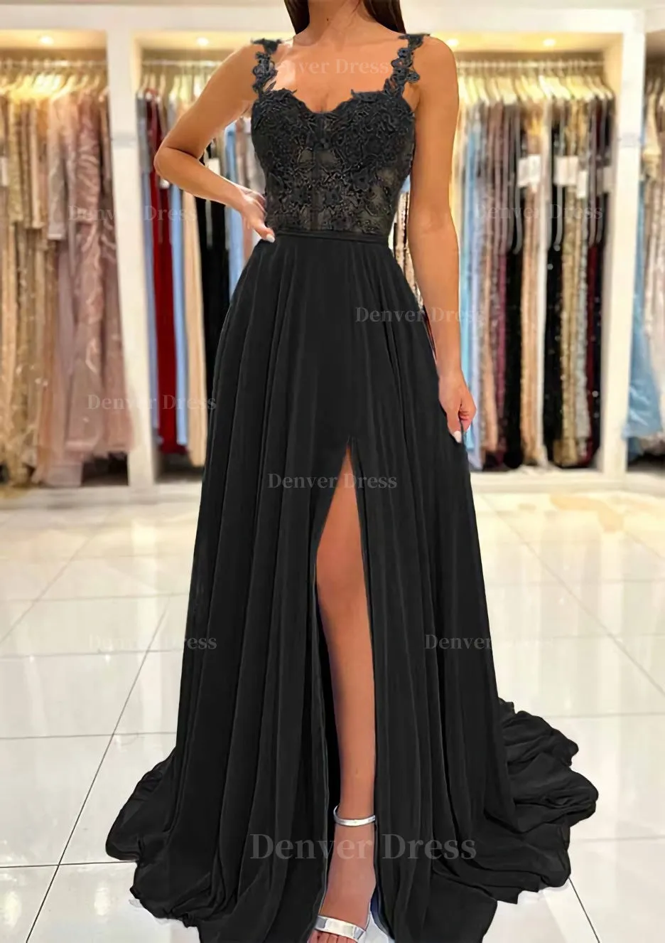 A-line Sweetheart Sleeveless Sweep Train Chiffon Prom Dress With Appliqued Split