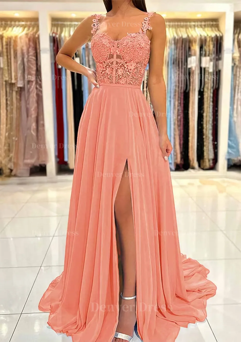 A-line Sweetheart Sleeveless Sweep Train Chiffon Prom Dress With Appliqued Split