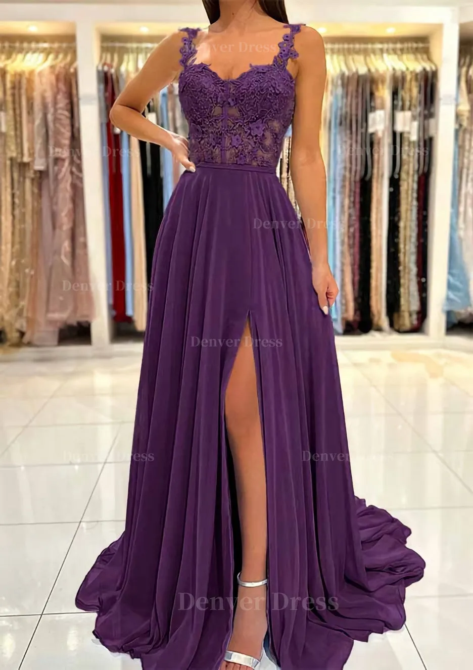 A-line Sweetheart Sleeveless Sweep Train Chiffon Prom Dress With Appliqued Split