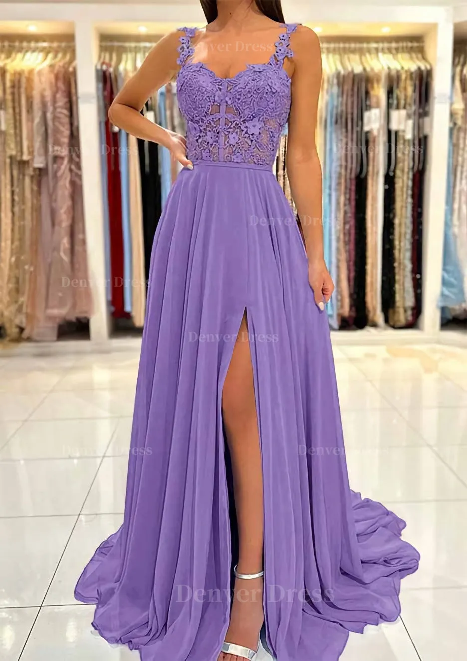 A-line Sweetheart Sleeveless Sweep Train Chiffon Prom Dress With Appliqued Split