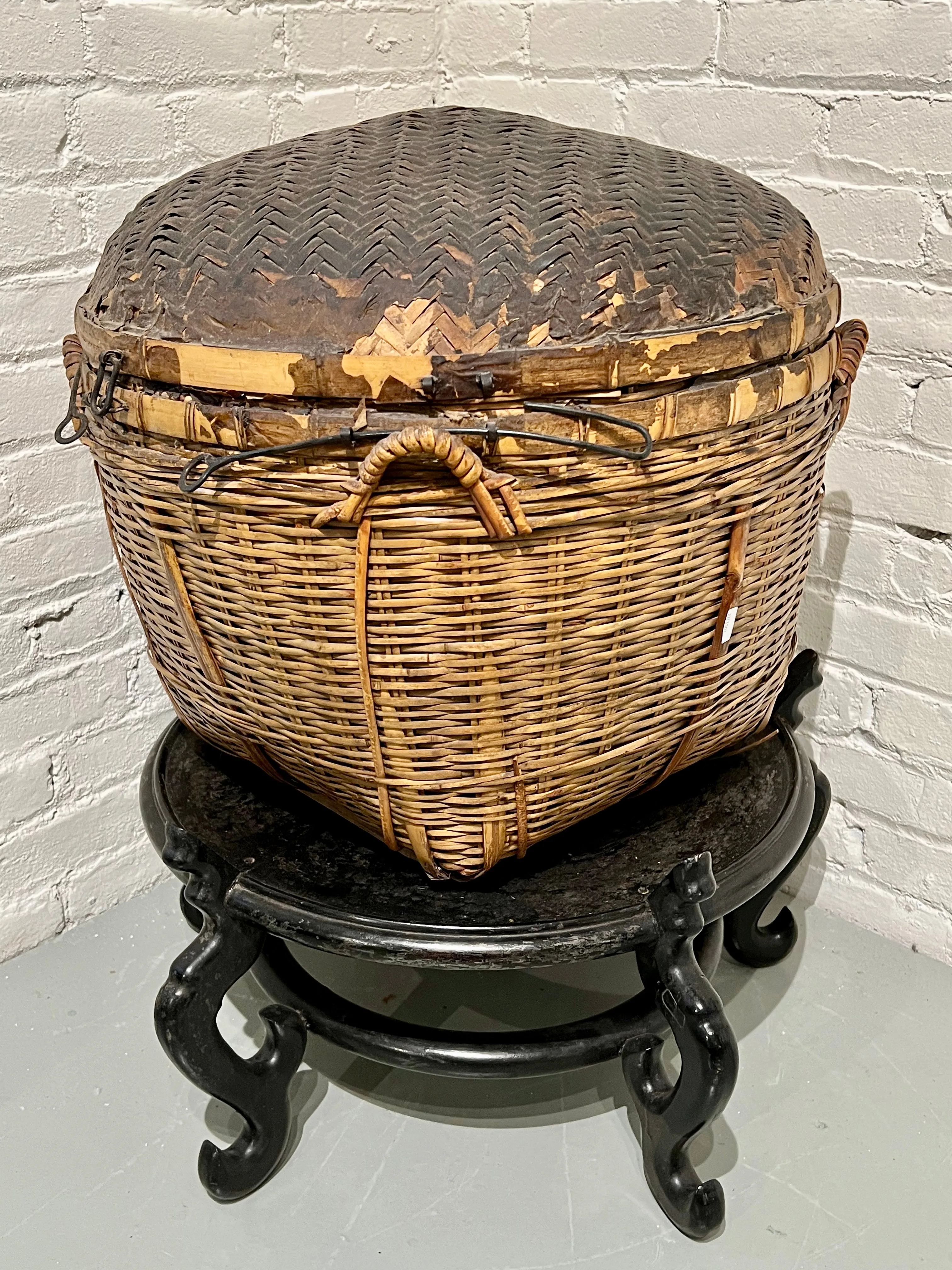 Antique Chinese Basket 19th Century Qing Hand Made Bamboo Storage Basket 22"L