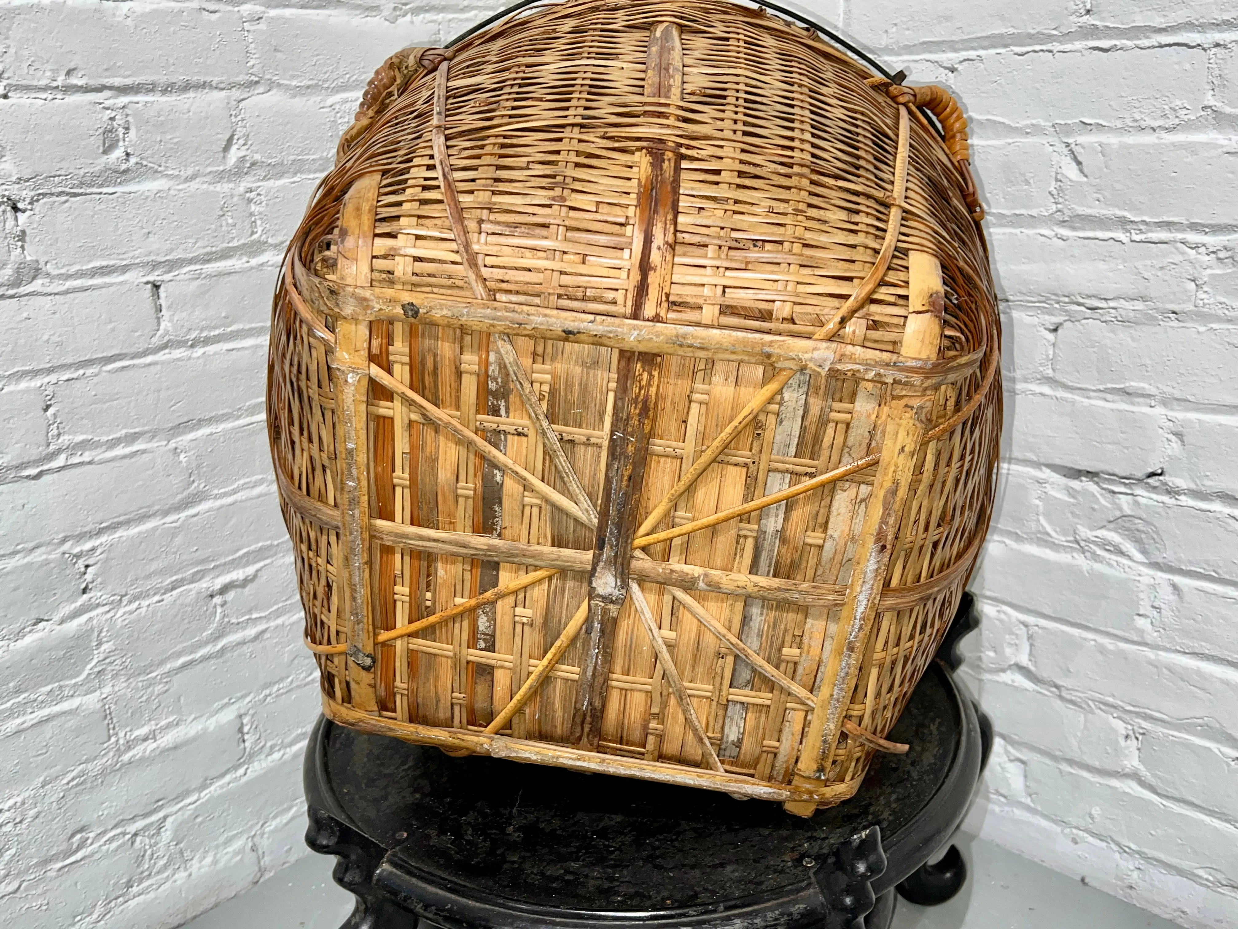 Antique Chinese Basket 19th Century Qing Hand Made Bamboo Storage Basket 22"L