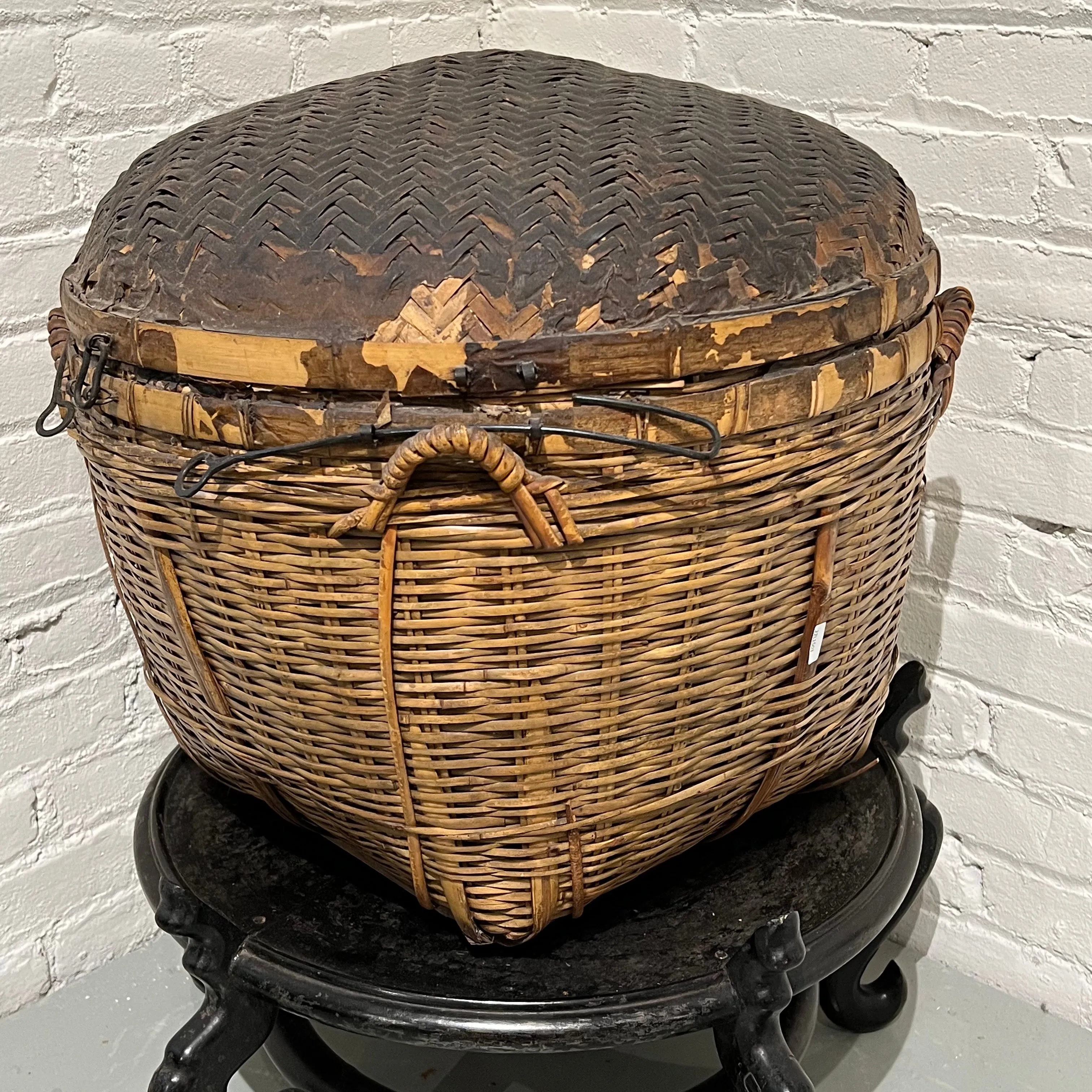 Antique Chinese Basket 19th Century Qing Hand Made Bamboo Storage Basket 22"L