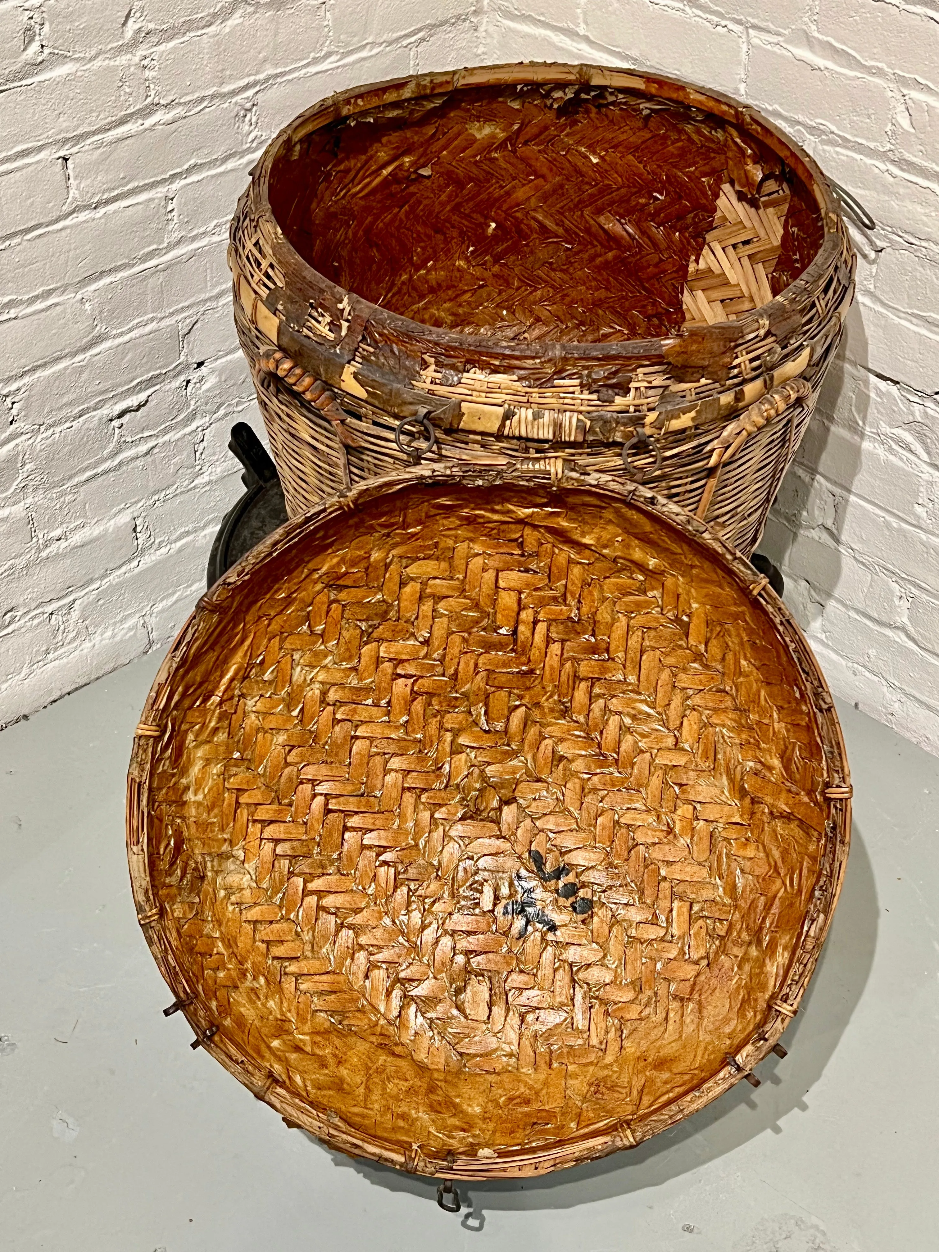 Antique Chinese Basket 19th Century Qing Hand Made Bamboo Storage Basket 22"L