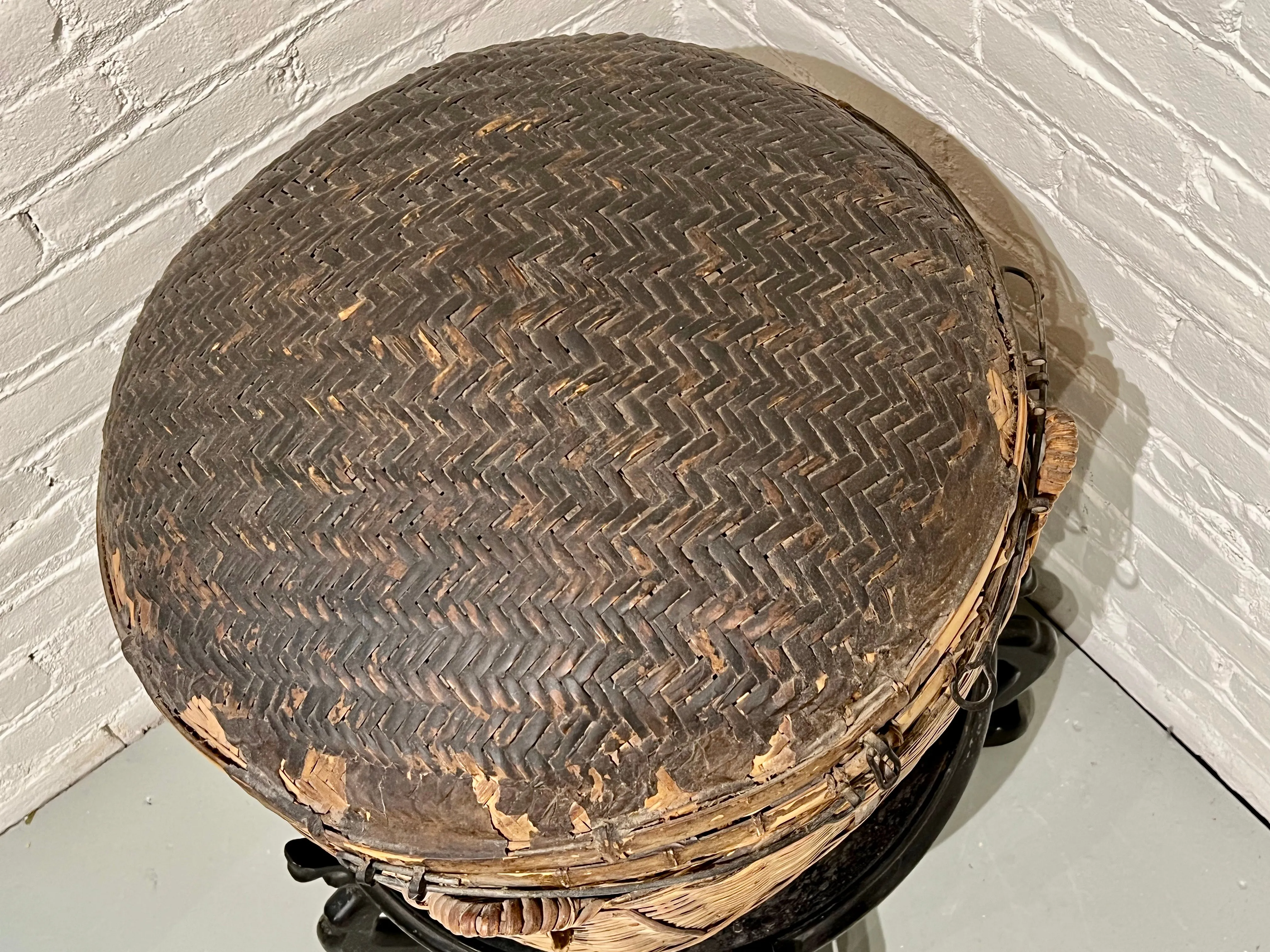 Antique Chinese Basket 19th Century Qing Hand Made Bamboo Storage Basket 22"L