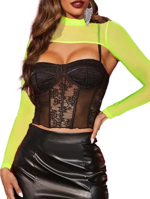 Avidlove Mesh Crop Tops for Women Mock Neck Long Sleeve Crop Top See Through Shirt Top Sexy Clubwear