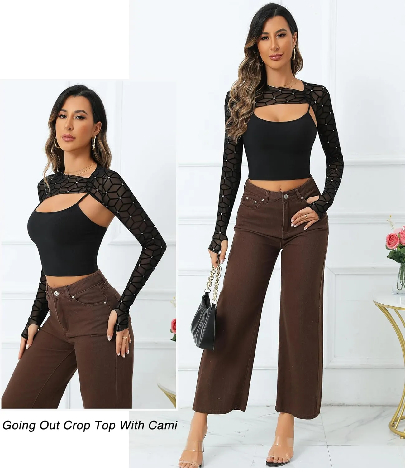 Avidlove Women Sexy Long Sleeve Mesh Crop Top Solid Cover Up with Spaghetti Strap Cami Top 2 Pieces Clubwear with Thumb Holes